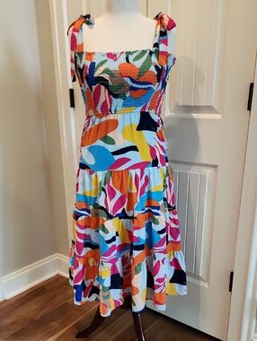 THML Multicolor Abstract Tiered Midi Dress with Tie Shoulders